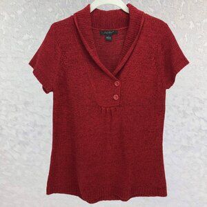C’est City Red Short Sleeve Pullover Knit Sweater with Shawl Style Collar Size L